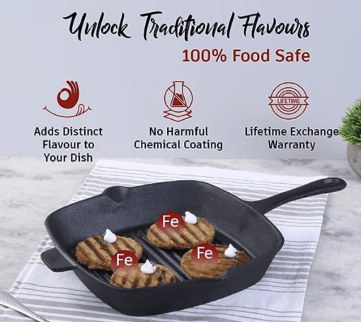 Wonderchef Forza Cast-Iron 26 cm Grill Pan, Pre-Seasoned Cookware, Induction Friendly, 3.8 mm (Black) - Image 2